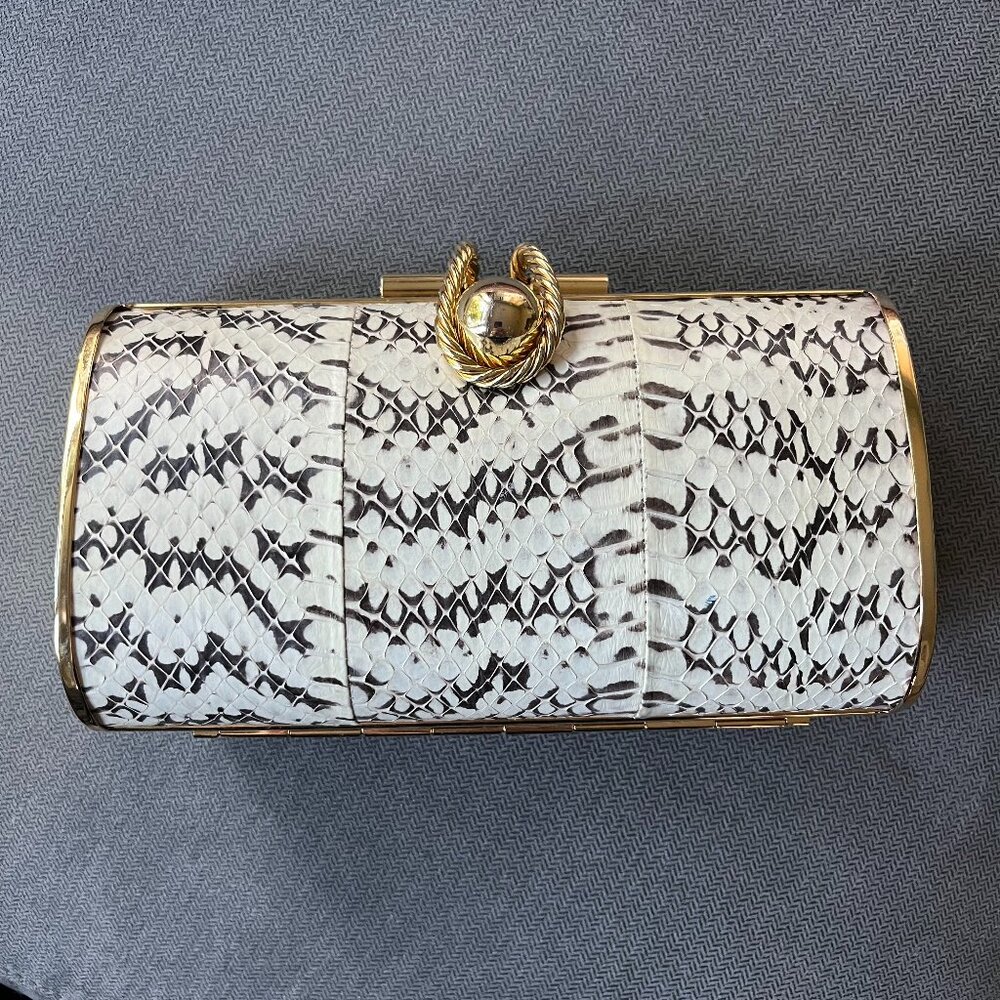 Vtg Snakeskin Clutch Gold Metal Handbag c1970 Long Chain Hong Kong Purse B & W